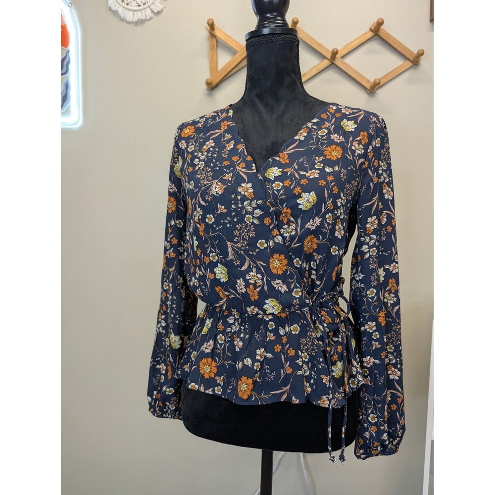 Nine Britton Navy Blue Floral Wrap Top Long Sleeve Peplum Blouse Small